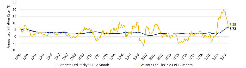 This line graph shows the Federal Reserve of Atlanta breakdown of the 12-month Flexible Price Consumer Price Index and Sticky Price Consumer Index over the last 35 years. The period from 2021 to 2022 shows the extreme inflation associated with the pandemic and how flexible-priced goods peaked midway through 2022. Twelve-month sticky-priced goods, however, appeared to still be on the rise as at January 31, 2023.