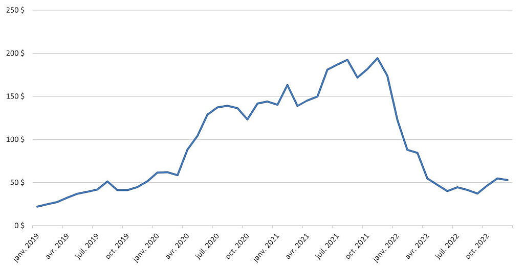 Figure 2. Évolution du cours de l’action de Shopify de 2019 à 2022. Shopify a connu un succès remarquable au cours des deux premières années de la pandémie; elle est devenue la société affichant la plus forte capitalisation boursière à la Bourse de Toronto.