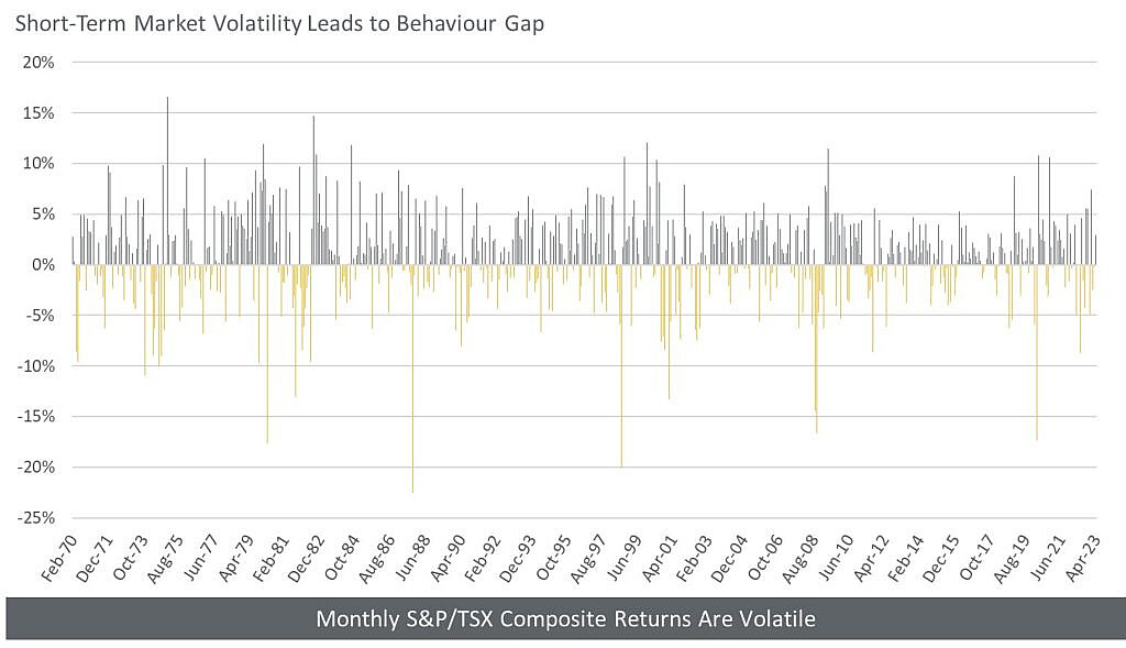 This graph illustrates the significant volatility on a month-to-month basis in the S&P/TSX Composite Index over the past five decades.
