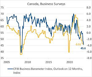 This chart shows business surveys conducted in Canada and currently points to declining expectations for growth in the Canadian economy. 