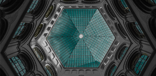 Hexagonal lead glass ceiling in atrium