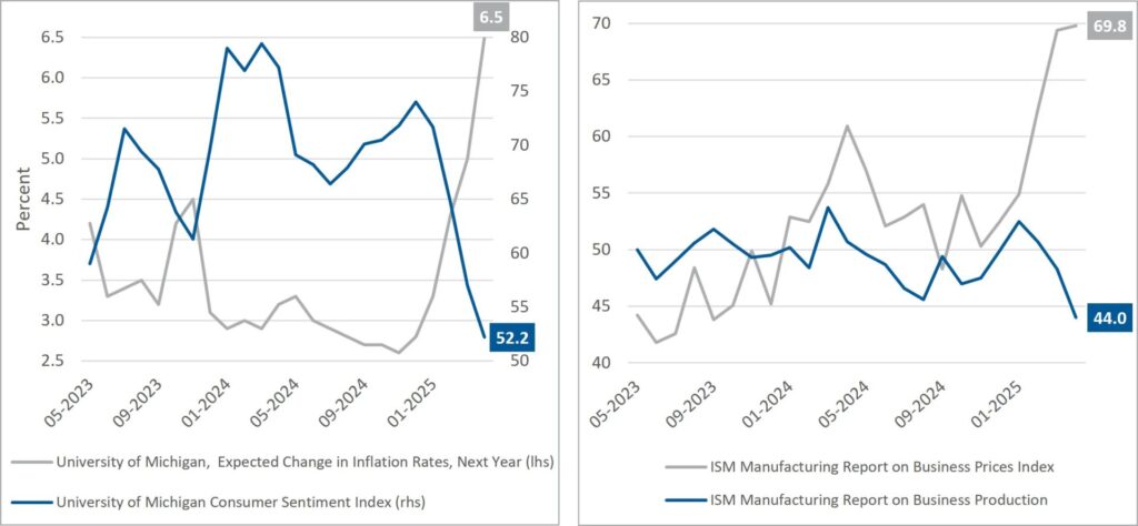 The chart on the left shows University of Michigan survey data from May 2023 to May 2025. the Consumer Sentiment Index is at lows and the Expected Inflation Rate Next Year Index is at highs. The chart on the right shows Institute of Supply Management Manufacturing data over the past two years: the Business Production Index is at lows and the Business Prices Index is at highs.
